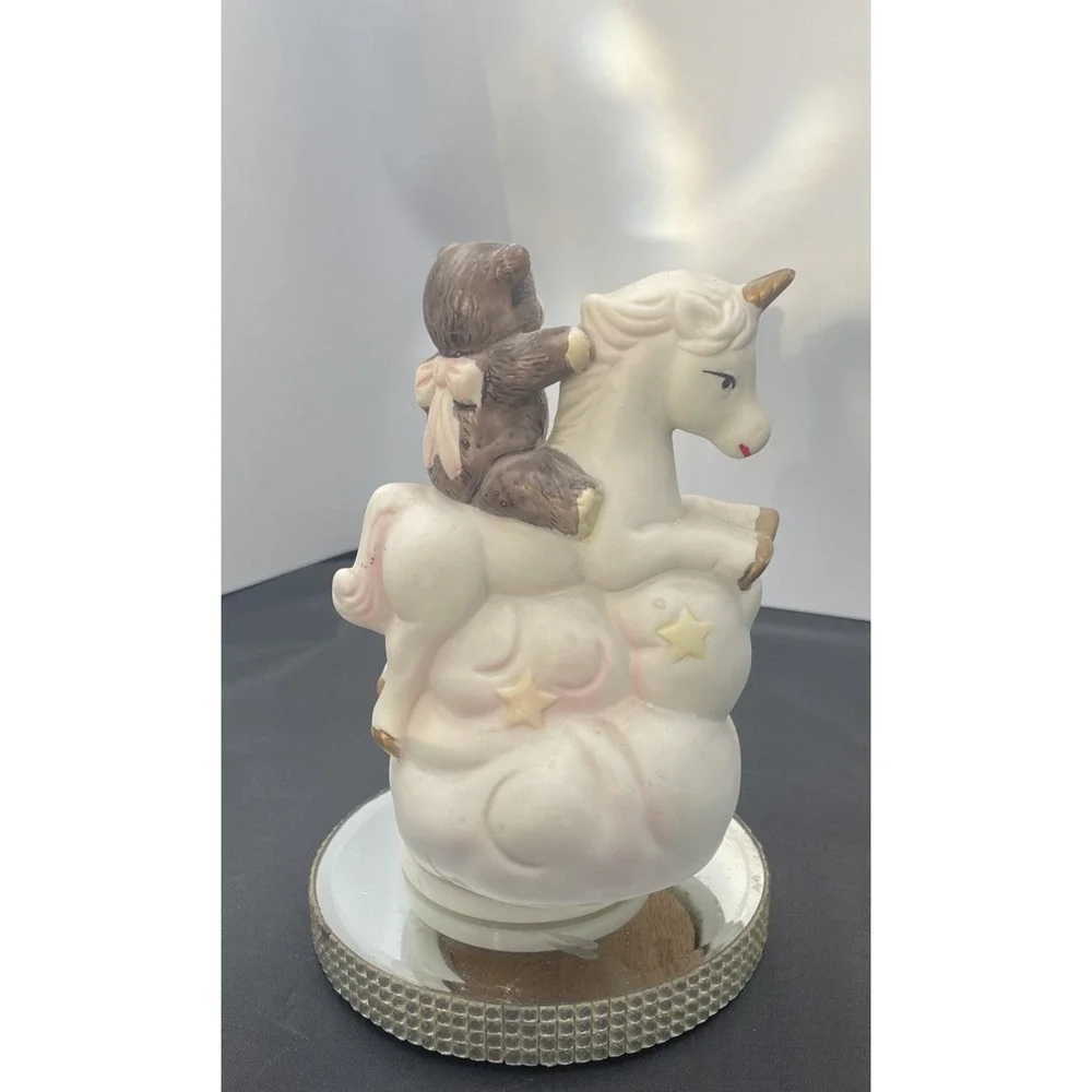 Vintage Bisque Unicorn/Teddy‎ Bear Wind-Up Music Box/Figurine, WORKS